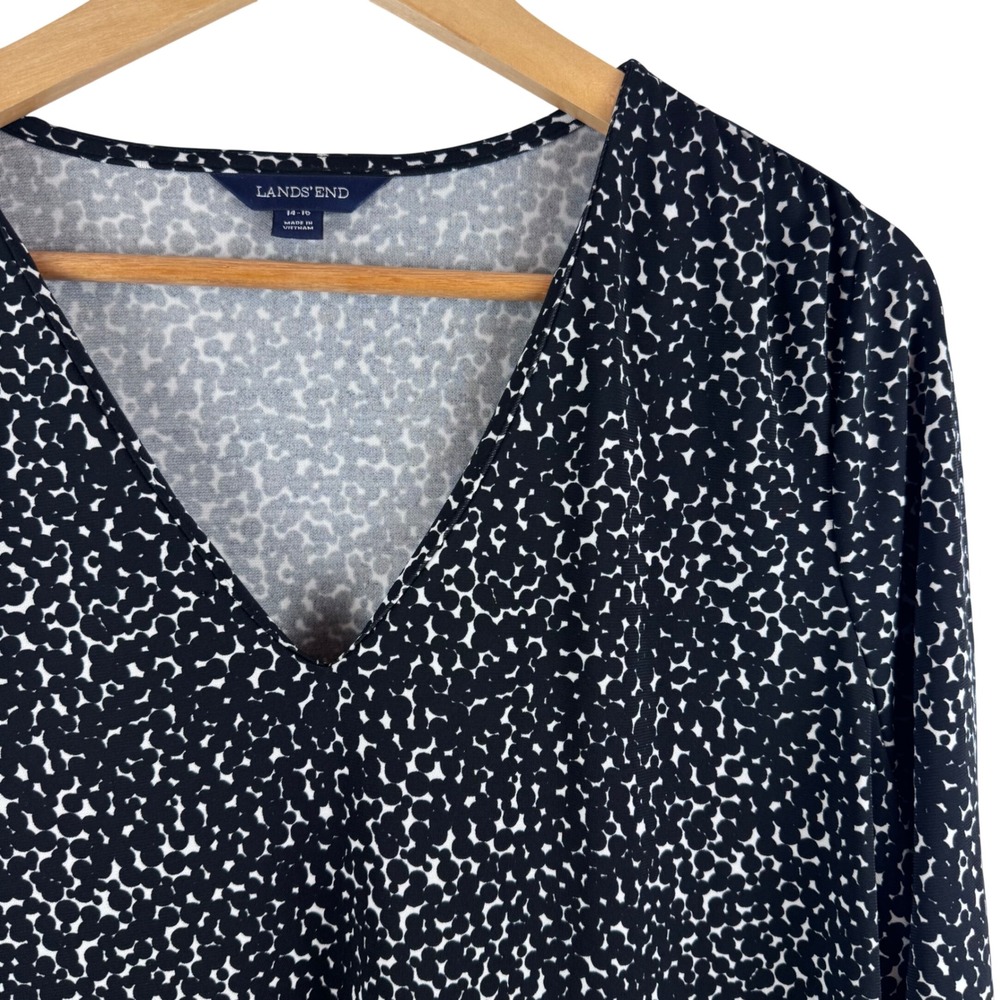 Lands End Tunic Top Women L 14-16 Black White Dot V-Neck 3/4 Sleeve 439634